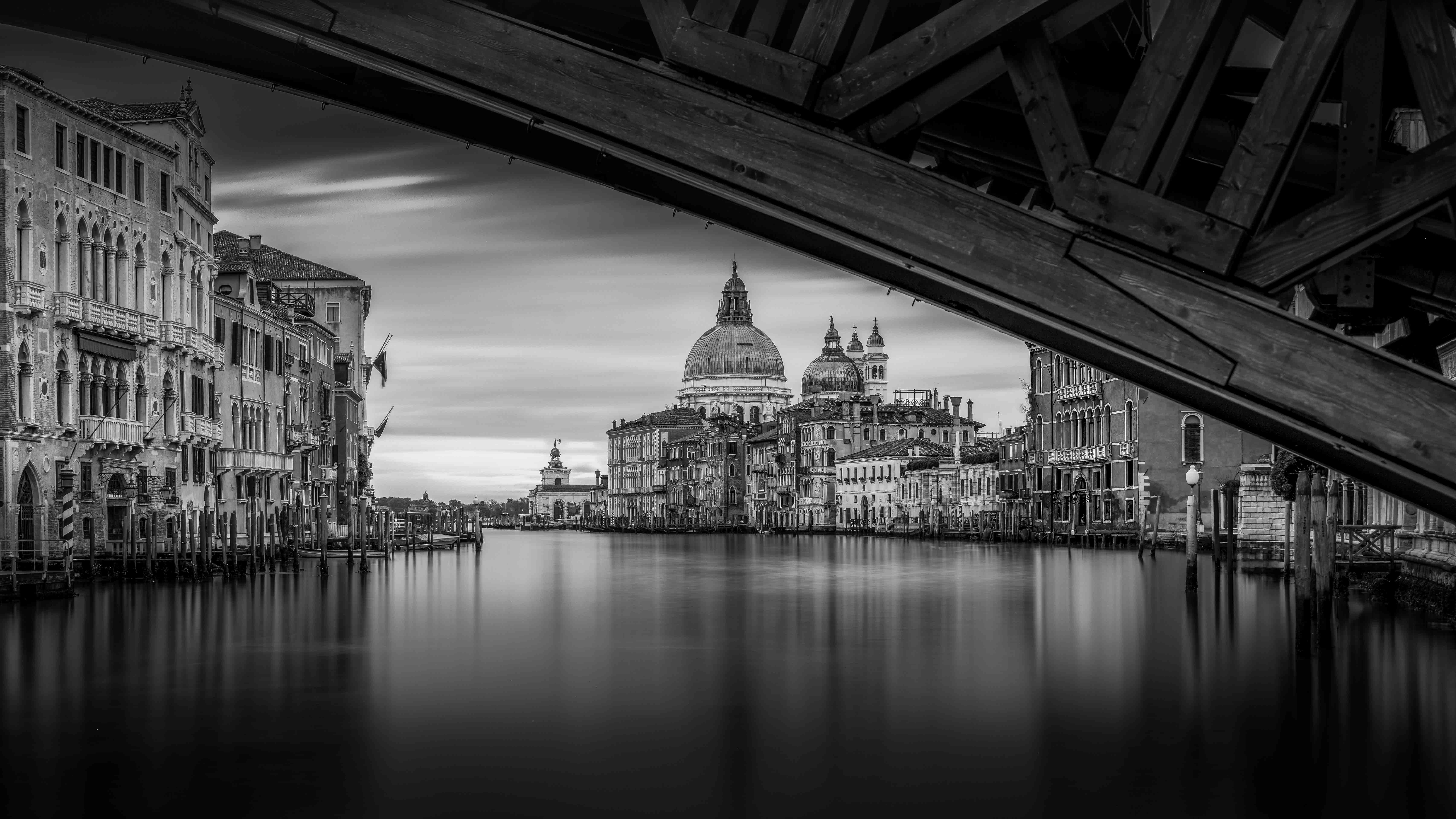 Black-and-white long exposure from beneath the Ponte dell'Accademia toward Santa Maria della Salute
