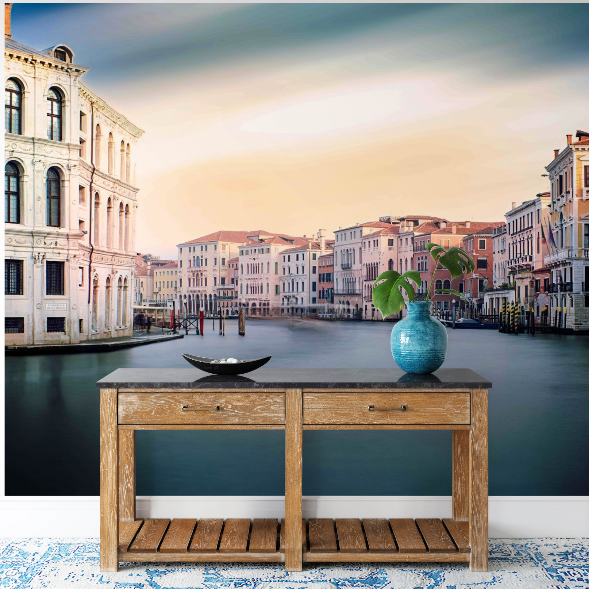 Sherry Keene's Venice Grand Canal photograph installed as a mural behind a console table in a residential interior