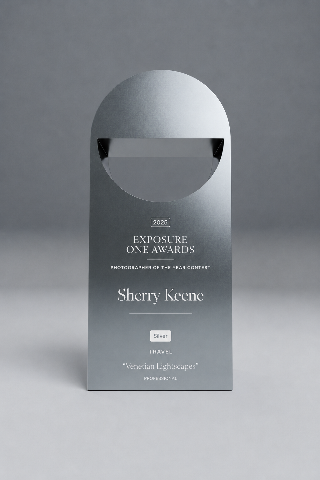 Exposure One Awards 2025 Silver trophy for Travel, awarded to Sherry Keene for Venetian Lightscapes