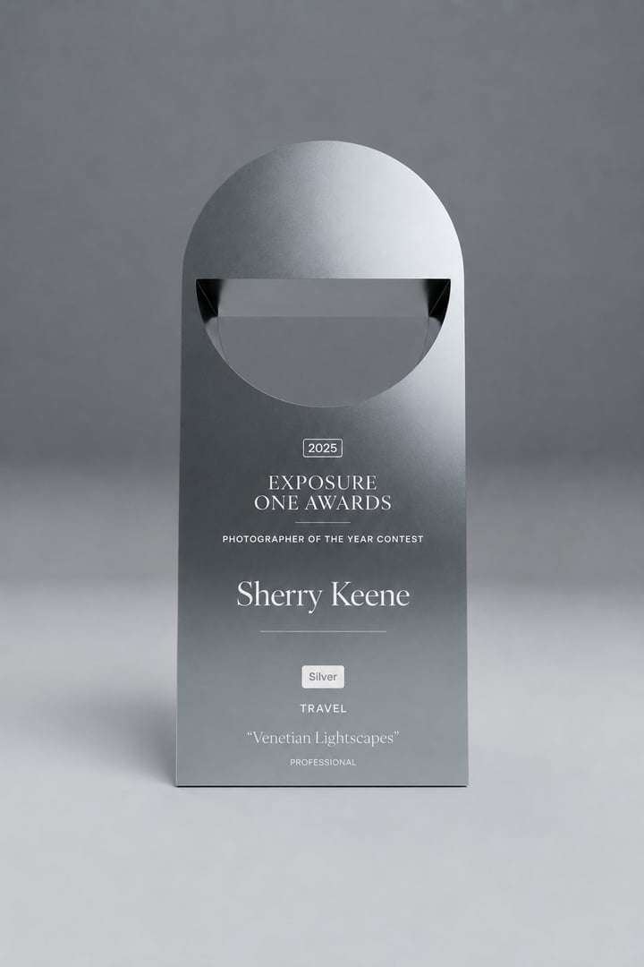 Exposure One Awards 2025 Silver trophy for Travel, awarded to Sherry Keene for Venetian Lightscapes