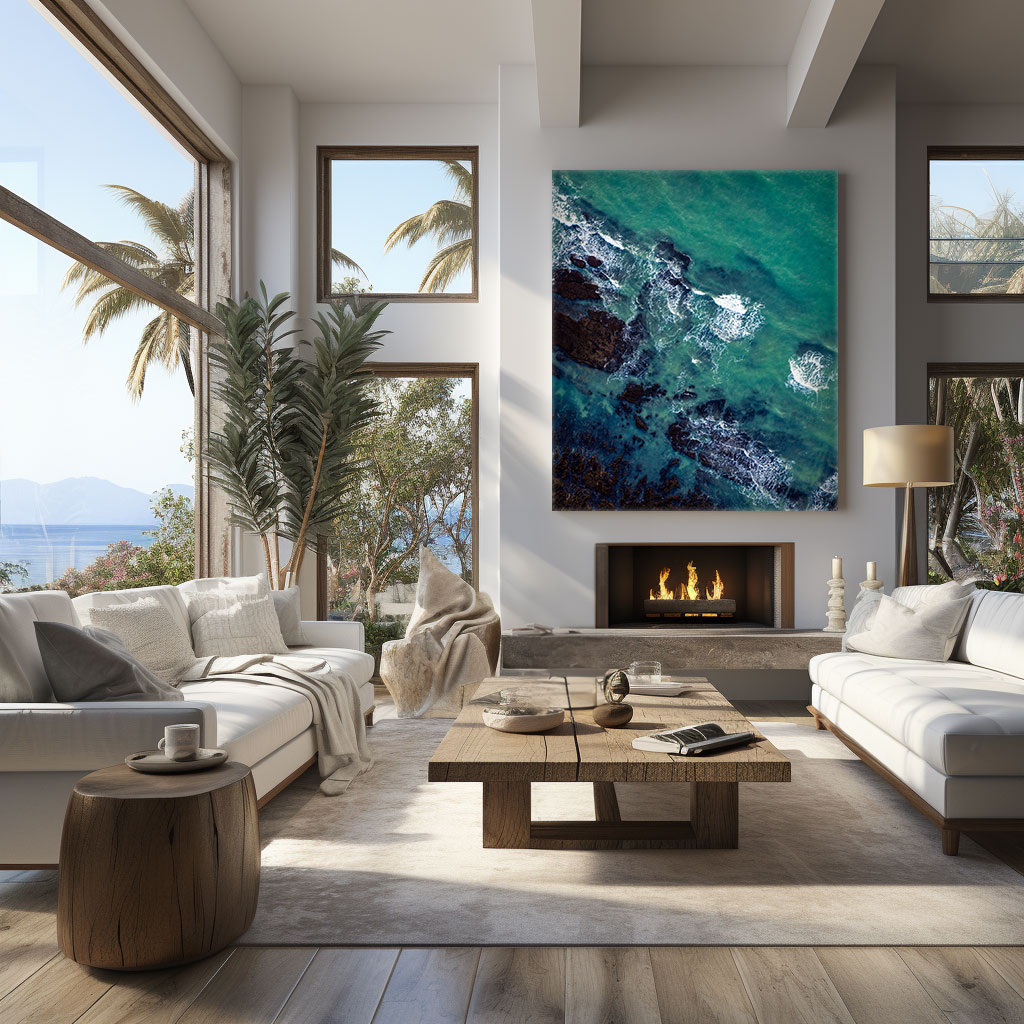 Tidewash — coastal interior featuring a large-scale Sherry Keene photographic print