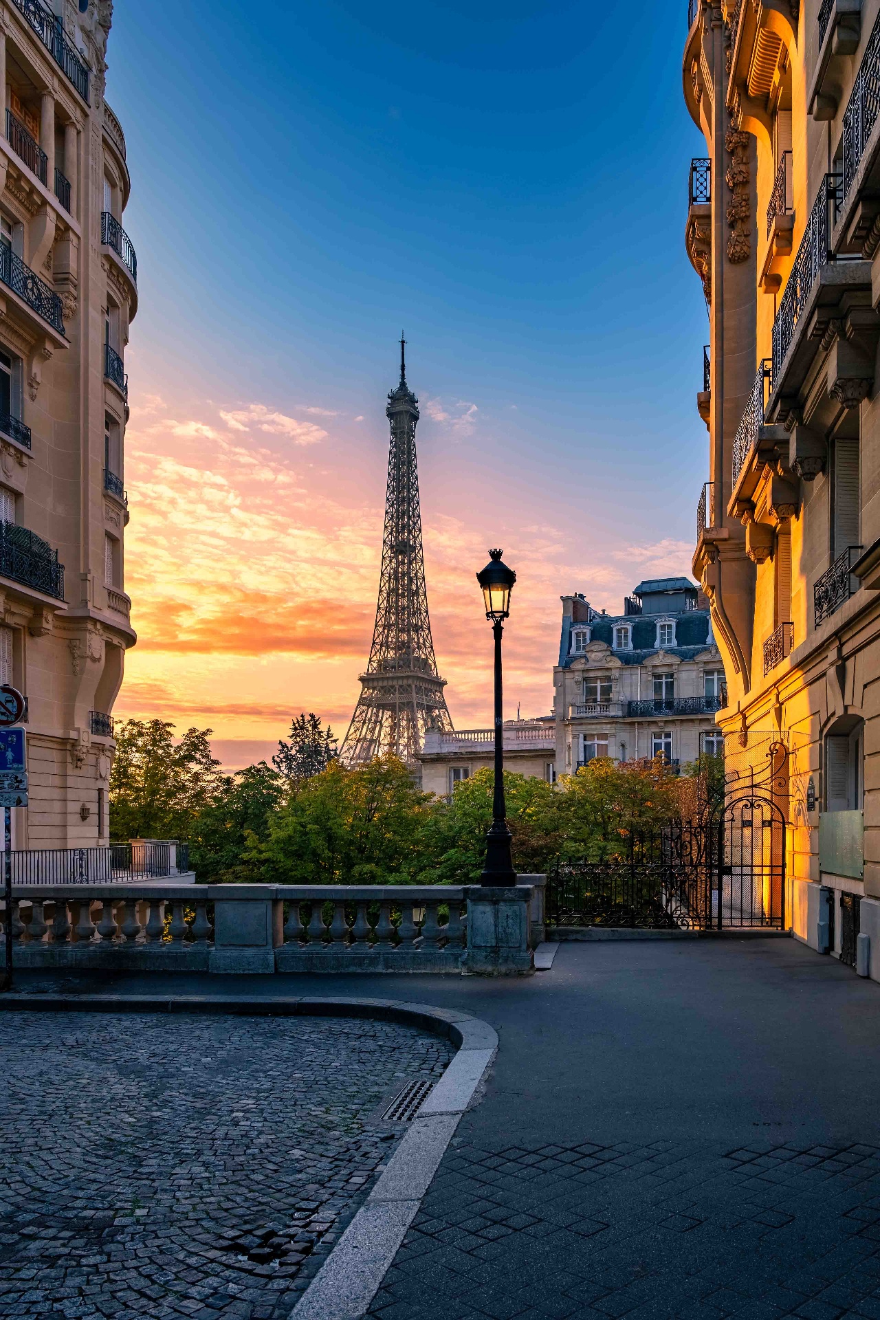 Paris — Eiffel Tower at sunrise from Avenue de Camoëns, by Sherry Keene
