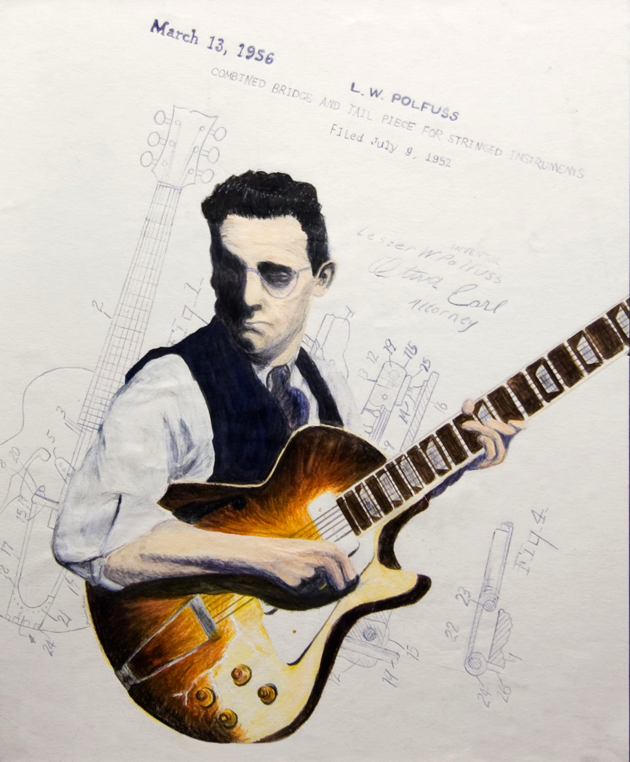 Illustrated portrait of Les Paul (L.W. Polfuss) with a Gibson Les Paul guitar overlaid on the 1952 combined bridge and tail piece patent drawings