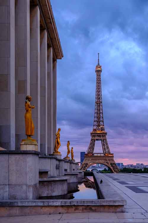 Eiffel Tower at Trocadéro Square, bathed in the tender light of dawn.